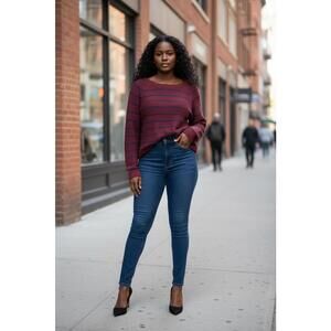 Women's Burgundy and Navy Striped Crew Neck Sweater